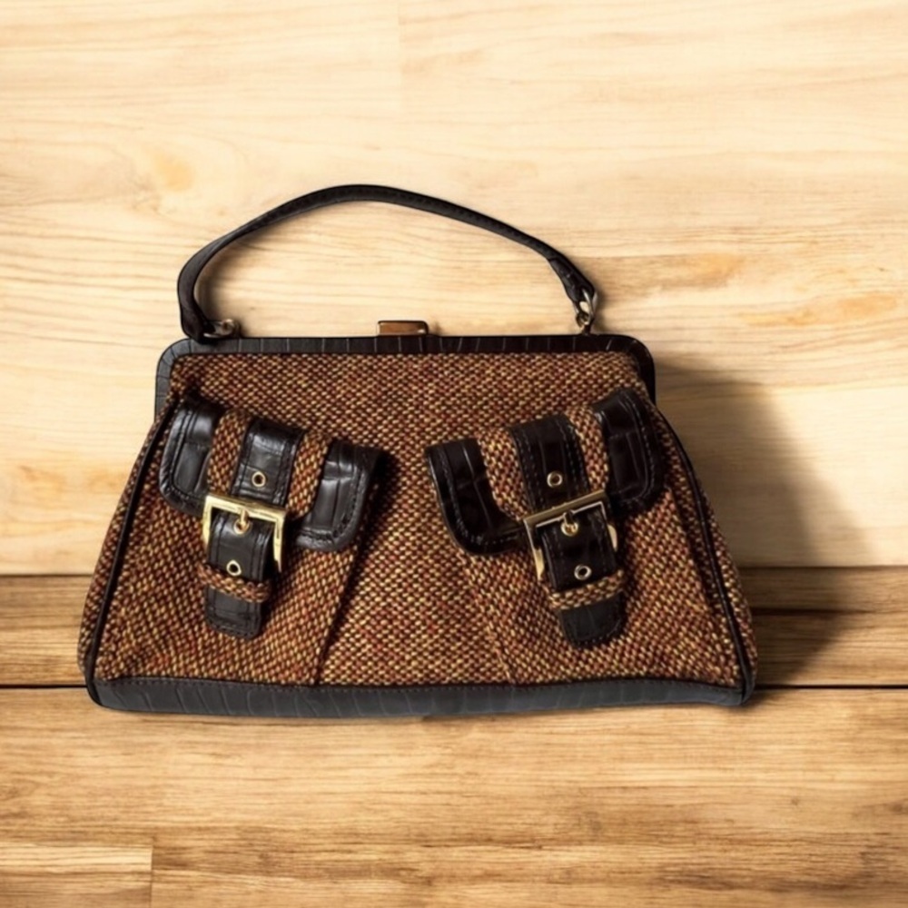 Vintage tweet fabric with a leather trim purse,bag by Firenze